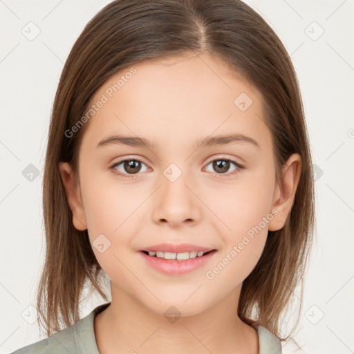 Joyful white child female with medium  brown hair and brown eyes