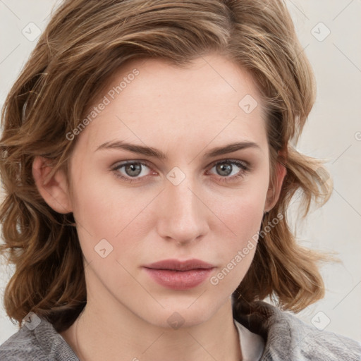 Neutral white young-adult female with medium  brown hair and grey eyes