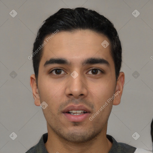 Neutral latino young-adult male with short  black hair and brown eyes