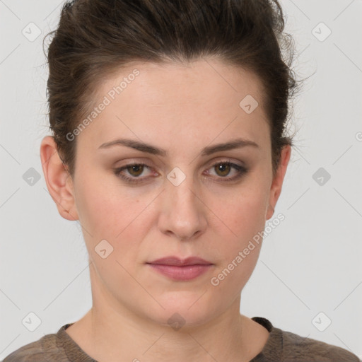 Neutral white young-adult female with short  brown hair and brown eyes