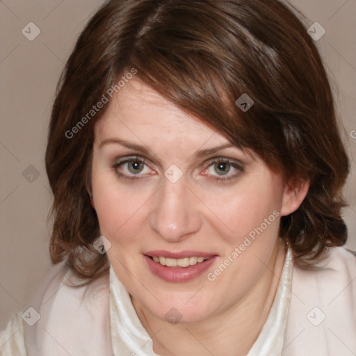 Joyful white young-adult female with medium  brown hair and blue eyes