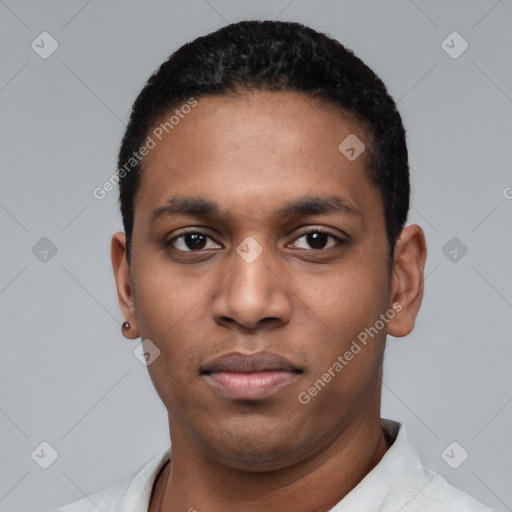 Neutral latino young-adult male with short  black hair and brown eyes
