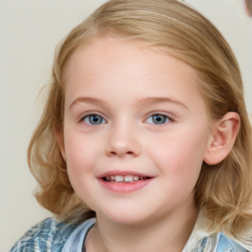 Joyful white child female with medium  brown hair and blue eyes