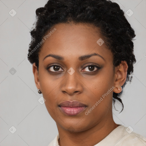 Neutral black young-adult female with short  black hair and brown eyes