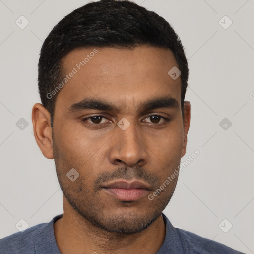 Neutral latino young-adult male with short  black hair and brown eyes