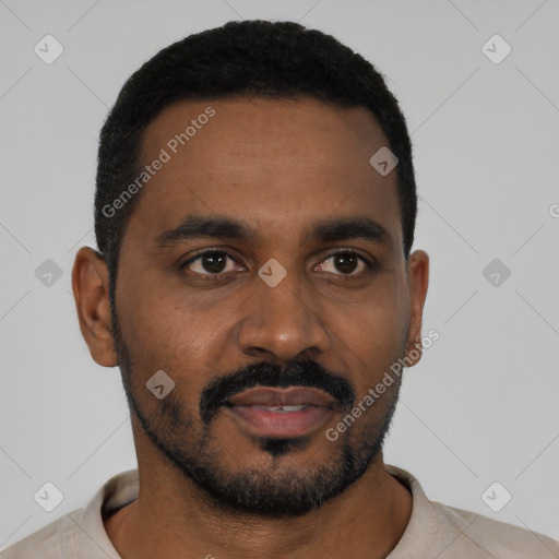 Neutral black young-adult male with short  black hair and brown eyes