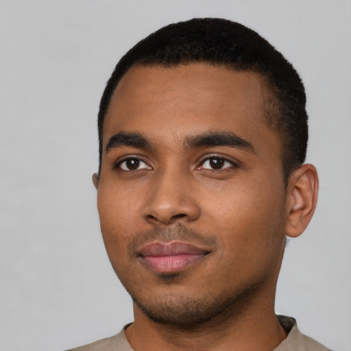 Neutral black young-adult male with short  black hair and brown eyes