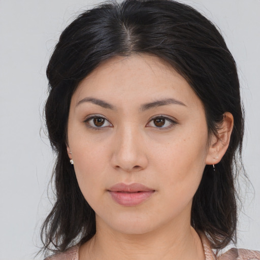 Neutral asian young-adult female with medium  brown hair and brown eyes