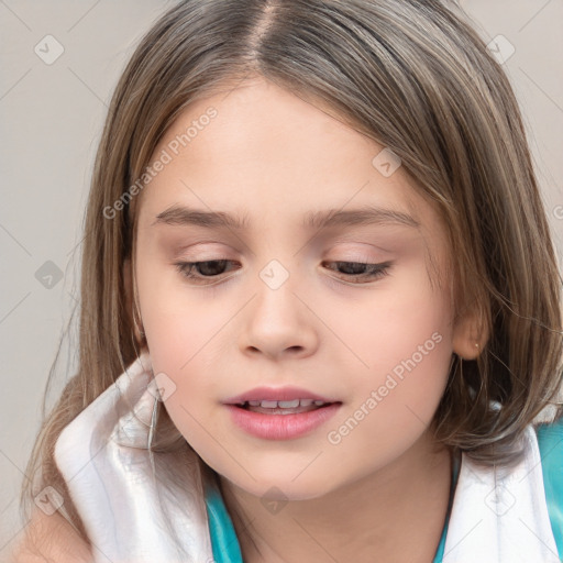 Joyful white child female with medium  brown hair and brown eyes