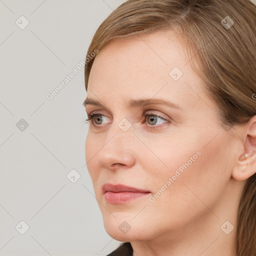 Neutral white young-adult female with medium  brown hair and brown eyes