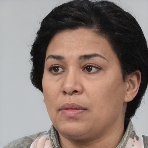 Neutral latino adult female with medium  black hair and brown eyes