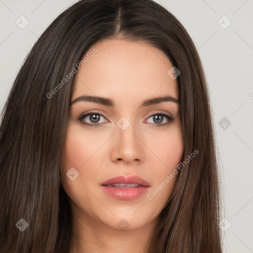 Neutral white young-adult female with long  brown hair and brown eyes