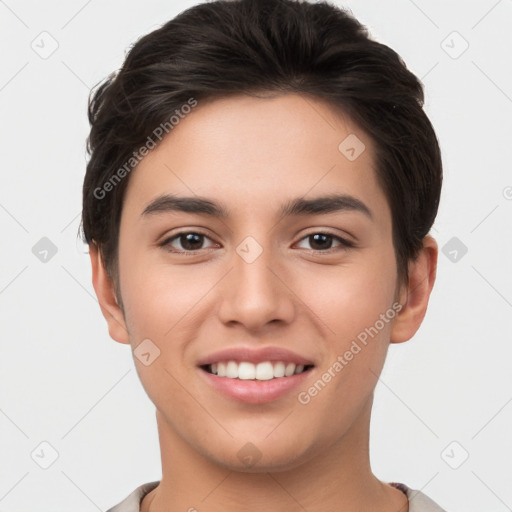 Joyful white young-adult female with short  brown hair and brown eyes