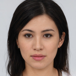 Neutral asian young-adult female with long  brown hair and brown eyes