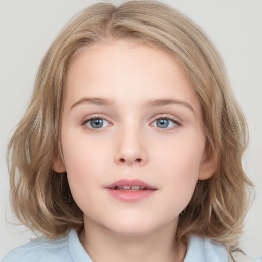 Neutral white child female with medium  brown hair and blue eyes