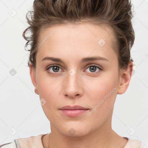 Neutral white young-adult female with short  brown hair and brown eyes