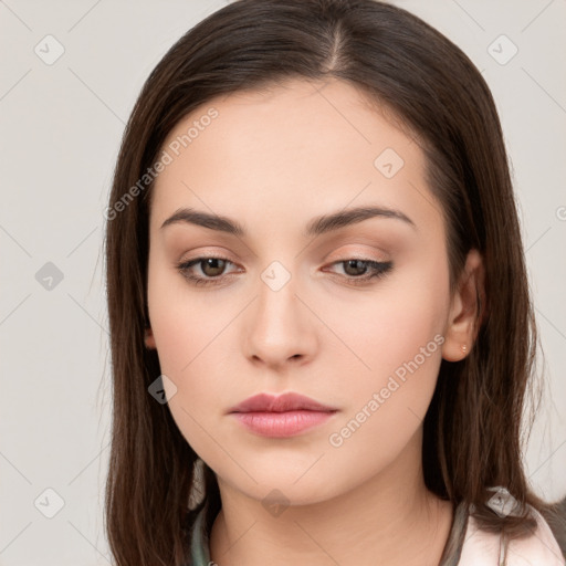 Neutral white young-adult female with long  brown hair and brown eyes