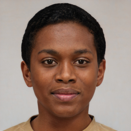 Joyful latino young-adult female with short  black hair and brown eyes