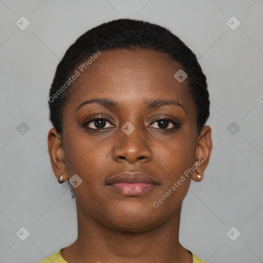 Neutral black young-adult female with short  brown hair and brown eyes