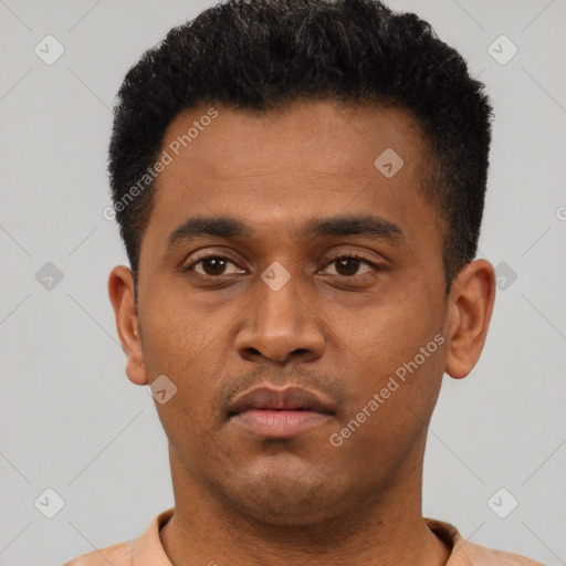 Neutral latino young-adult male with short  black hair and brown eyes