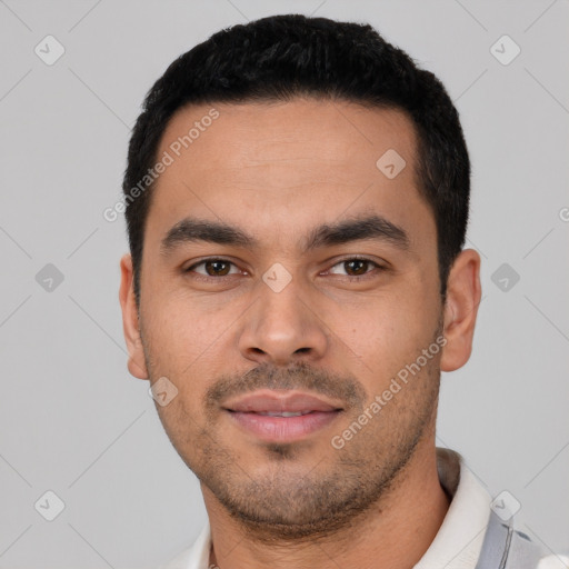 Neutral latino young-adult male with short  black hair and brown eyes