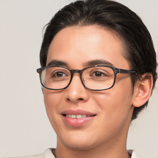 Joyful white young-adult male with medium  brown hair and brown eyes