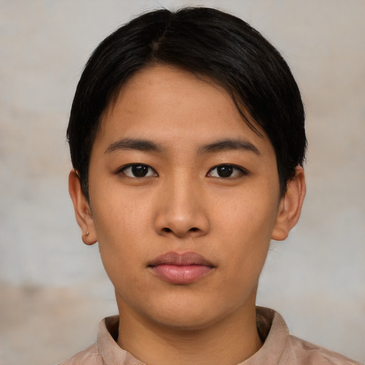 Neutral asian young-adult male with short  black hair and brown eyes