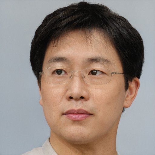 Neutral asian adult male with short  brown hair and brown eyes
