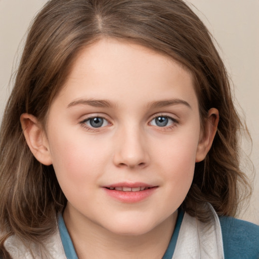 Joyful white child female with long  brown hair and grey eyes