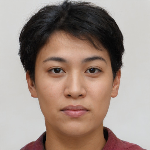Neutral asian young-adult female with short  black hair and brown eyes