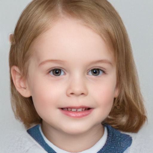 Joyful white child female with medium  brown hair and blue eyes