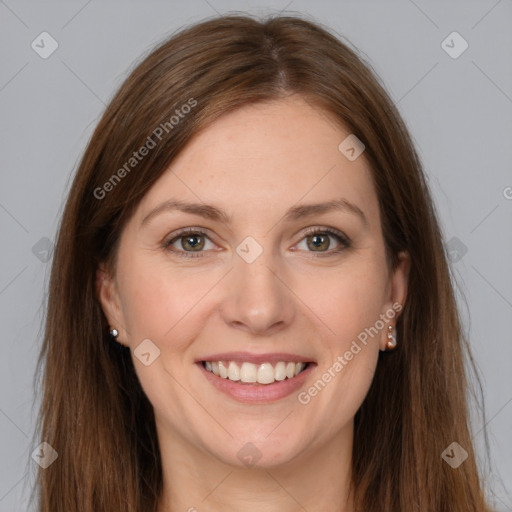 Joyful white young-adult female with long  brown hair and grey eyes