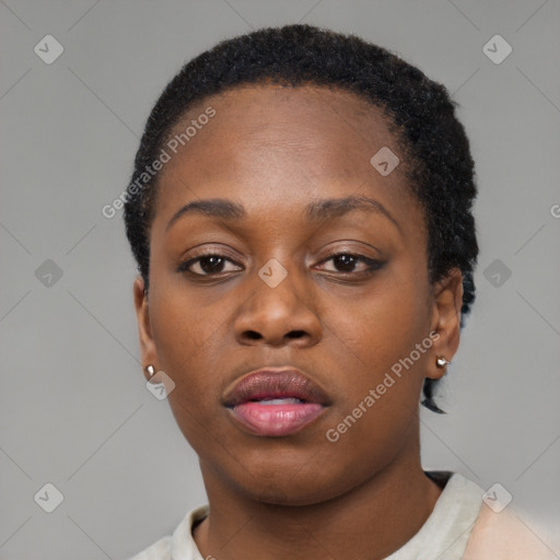 Neutral black young-adult female with short  black hair and brown eyes