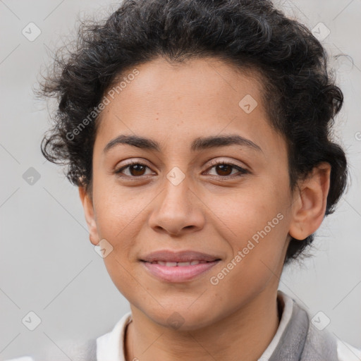 Joyful latino young-adult female with short  brown hair and brown eyes