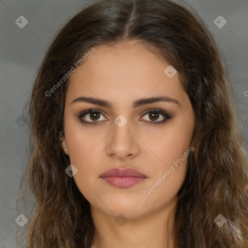 Neutral white young-adult female with long  brown hair and brown eyes