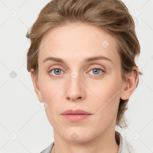 Neutral white young-adult female with medium  brown hair and grey eyes