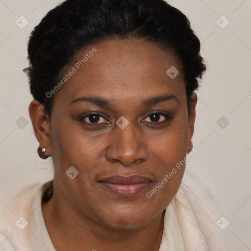 Joyful black adult female with short  brown hair and brown eyes