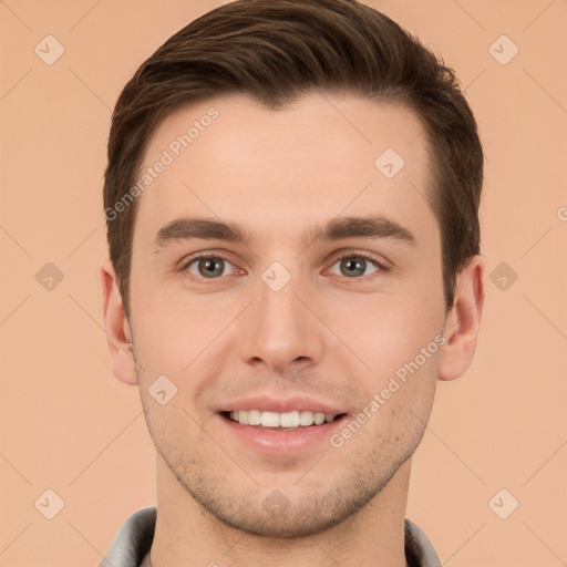 Joyful white young-adult male with short  brown hair and brown eyes