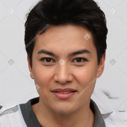 Joyful asian young-adult male with short  black hair and brown eyes