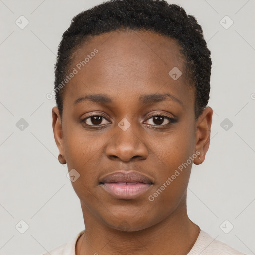 Neutral black young-adult female with short  brown hair and brown eyes