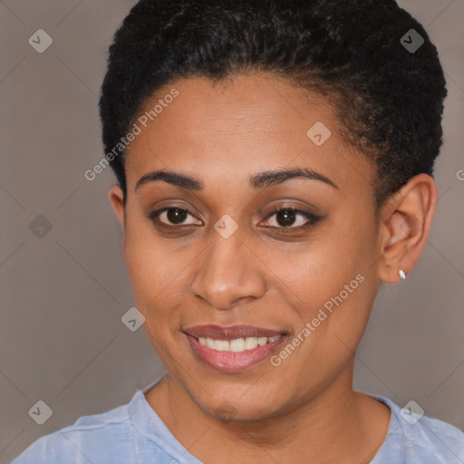 Joyful latino young-adult female with short  brown hair and brown eyes