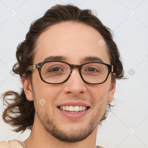 Joyful white young-adult male with medium  brown hair and brown eyes