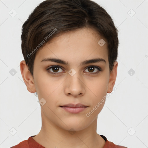 Neutral white young-adult female with short  brown hair and brown eyes