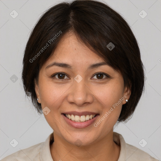 Joyful white young-adult female with medium  brown hair and brown eyes