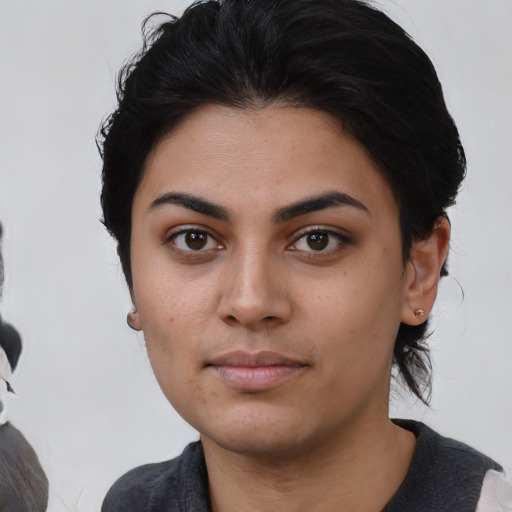 Neutral asian young-adult female with medium  black hair and brown eyes