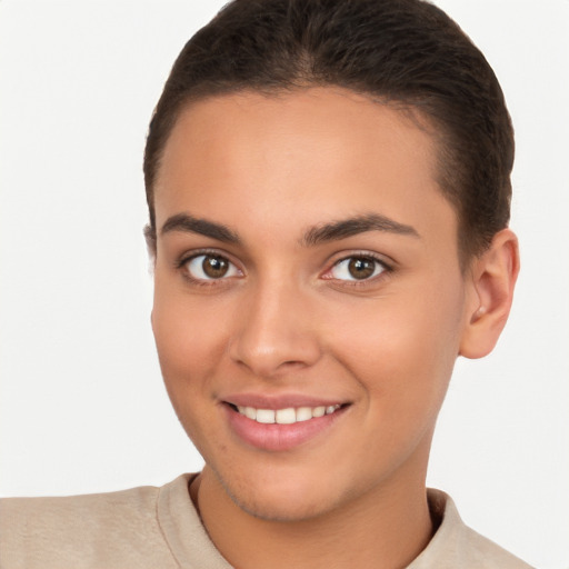 Joyful white young-adult female with short  brown hair and brown eyes