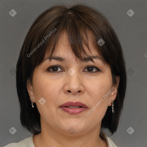 Joyful white adult female with medium  brown hair and brown eyes