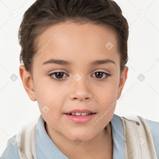 Joyful white child female with short  brown hair and brown eyes