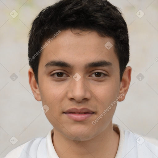 Joyful latino young-adult male with short  brown hair and brown eyes