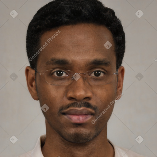 Neutral black young-adult male with short  black hair and brown eyes